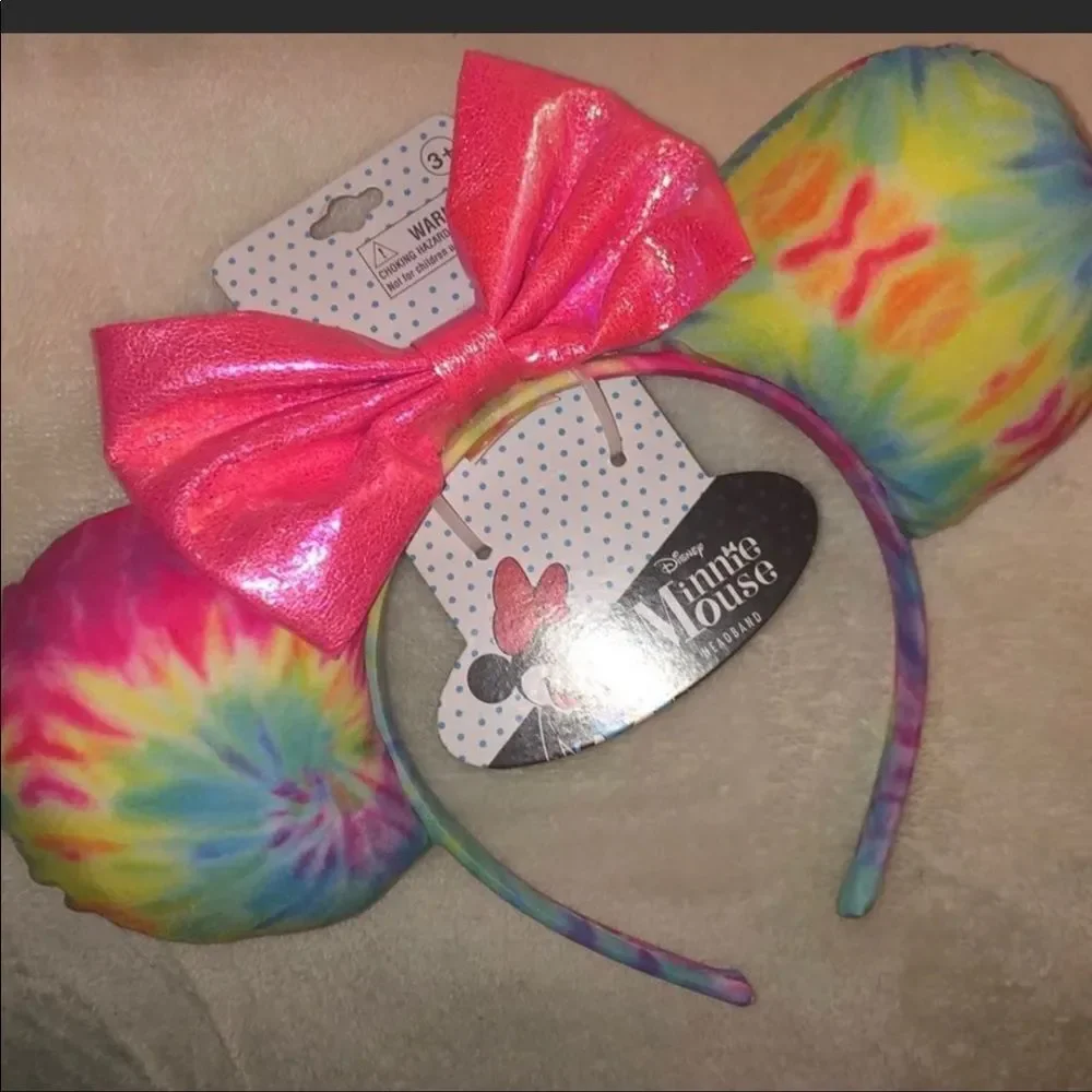 Rare Disney Parks Rainbow Bow Black Sequins Minnie Mouse Ears Headband Tie Dye